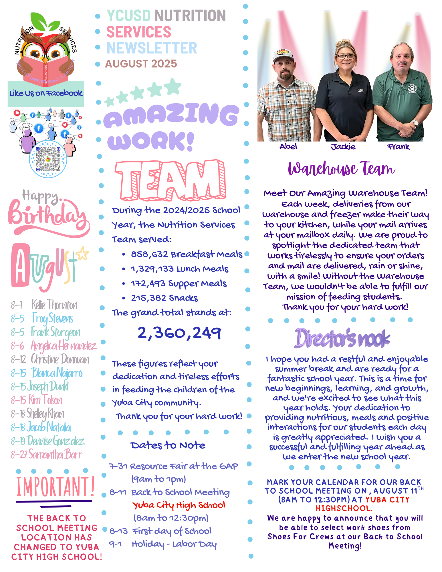 YCUSD Nutrition Services August 2025 Newsletter